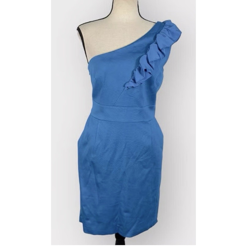 Trina Turk Aqua Dress Cocktail One-Shoulder, Sz 2, Lined, Pockets